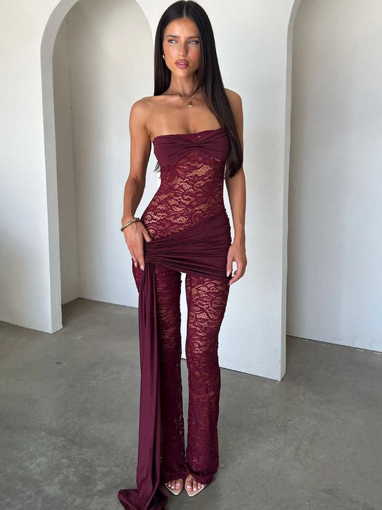 Lace Strapless Jumpsuits Women Ruched Sash Wrap Flare Pants See Through Mesh Bodycon Romper Night Club Party Jumpsuit