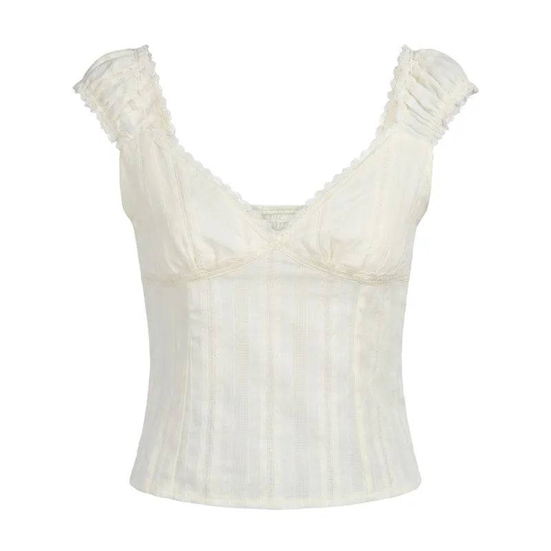 Women Frilled Shoulder Strap Tank Top Deep V Neck Lace Textured Cropped Blouse Back Shirred Elastic Slim Fit Summer Cami