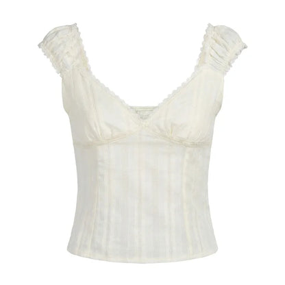 Women Frilled Shoulder Strap Tank Top Deep V Neck Lace Textured Cropped Blouse Back Shirred Elastic Slim Fit Summer Cami