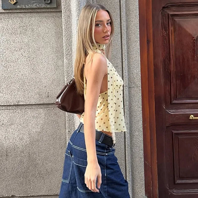 Polka Dot Halter Top with Scarf Women's Tanks Deep V Neck Backless Camis Cutecore