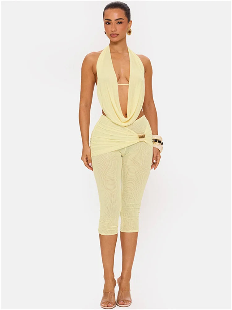 Mesh Patchwork 2 Piece Ste Woman Halter Swing Collar Backless Tank Tops+Metal Trim Elastic Waist Shorts Sexy Fashion Suits