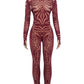 Classic Jumpsuit Women See Through  High Neck Vintage Print Skinny Sexy Midnight Fashion Wild Street Outfits