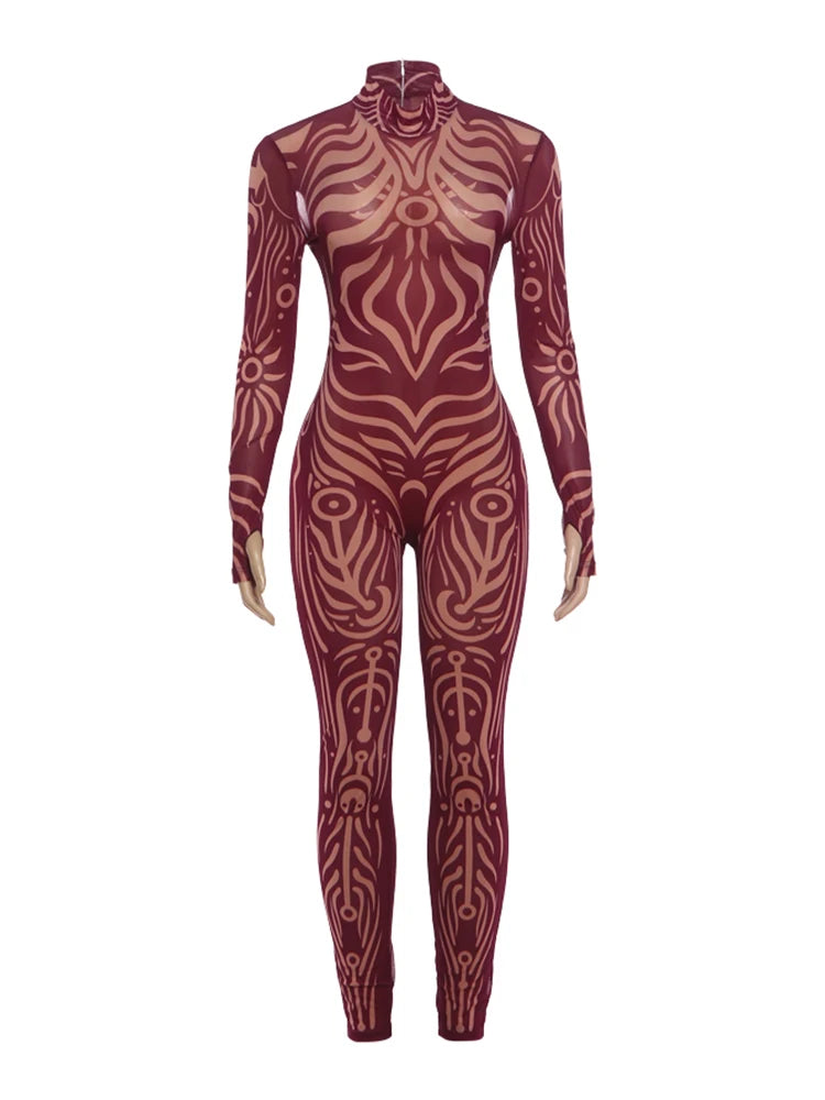 Classic Jumpsuit Women See Through  High Neck Vintage Print Skinny Sexy Midnight Fashion Wild Street Outfits