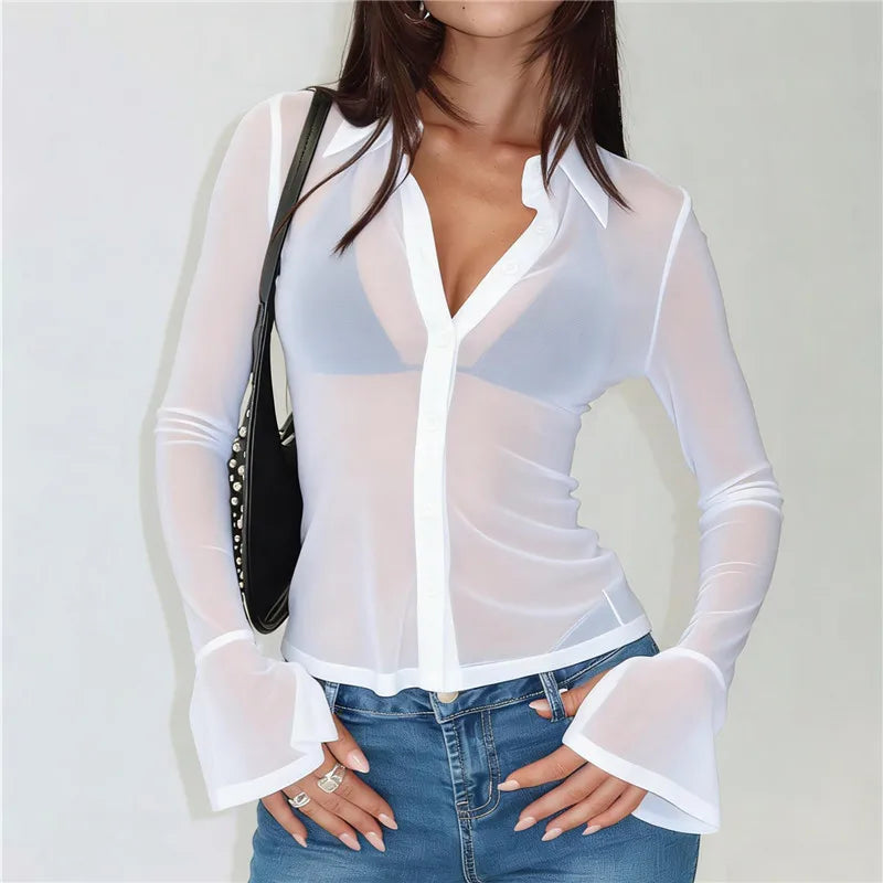 Sheer Button Down Shirts for Women See Through Mesh Long Sleeve Button Up Blouse Shirt Sexy Going Out Tops Streetwear