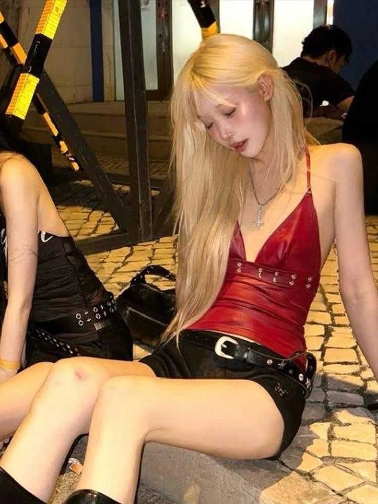 Sexy Metal Decoration Camisole Women v-Neck Faux Leather Midnight Hottie Music Festival Wild Fashion Classic Streetwear