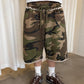 Women Camo Cropped Bermuda Shorts Elastic Waist Drawstring Frayed Hem Wide Leg Shorts Daily Streetwear Loose Bottoms