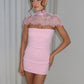 Women Lace Cape Strapless Mini Dress Elegant High Neck Lace Trim Sleeveless Backless Ruched Bodycon Club Party Dress