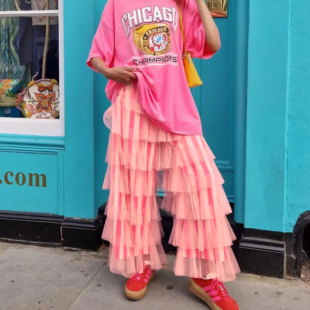 Women Striped Tiered Mesh Flare Pants High Waist Multi Layer Ruffle Tulle Wide Leg Bell Bottom Retro Streetwear Trousers