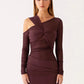 Inclined Shoulder Long Sleeve Sexy Mini Dress Women Fashion Mesh See Through Backless Ruched Club Party Dresses Female