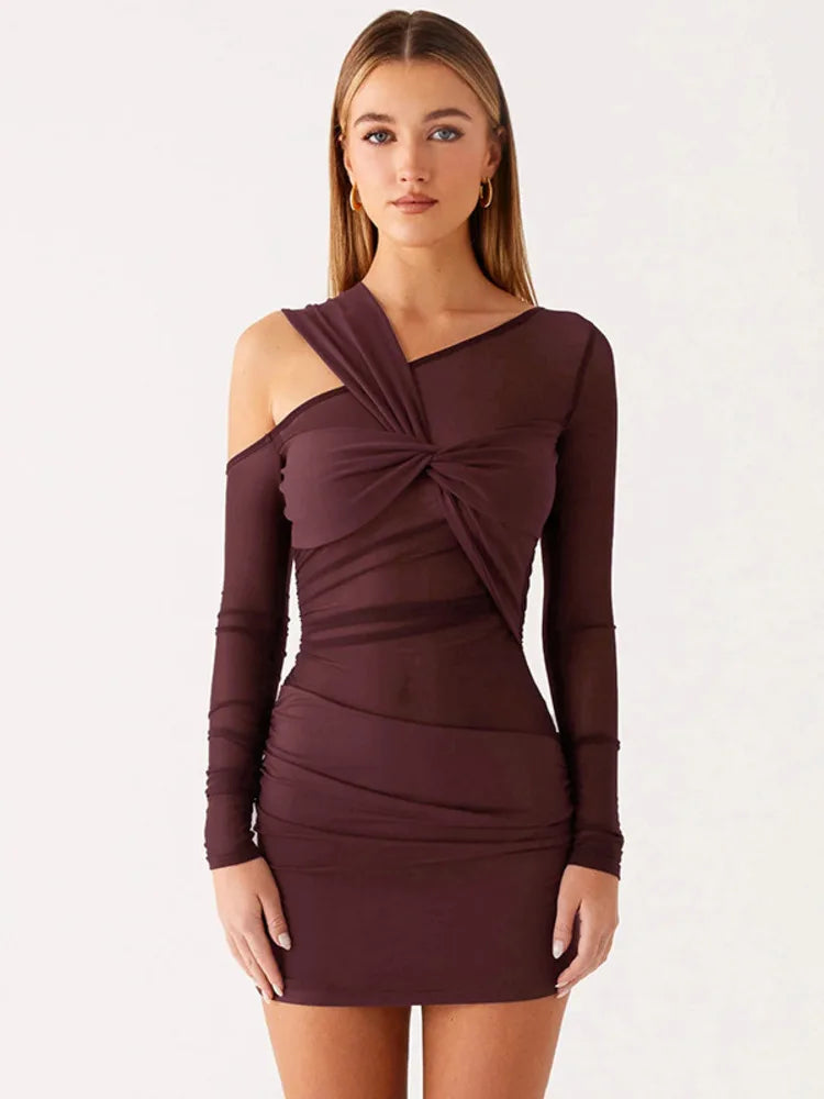 Inclined Shoulder Long Sleeve Sexy Mini Dress Women Fashion Mesh See Through Backless Ruched Club Party Dresses Female