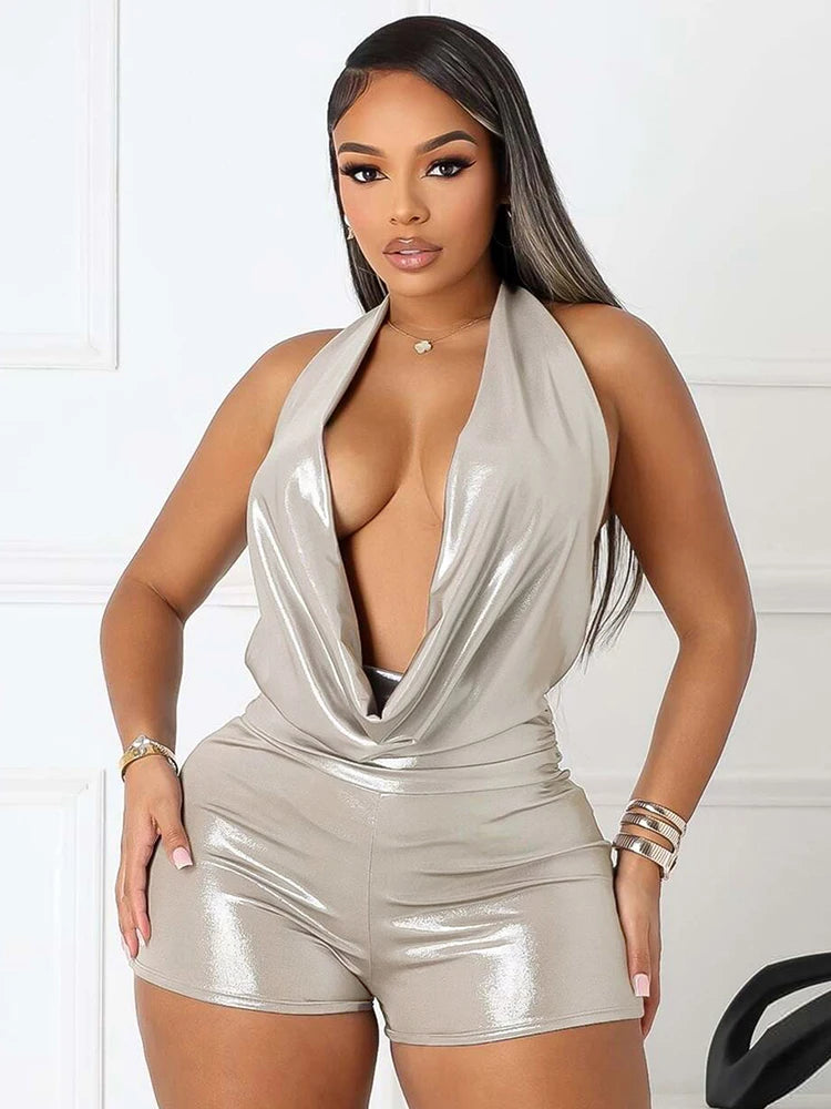 Silky Halter Romper Women Sexy Summer Swing Collar Backless Sleeveless Midnight Coquette Clubwear Workout Playsuit