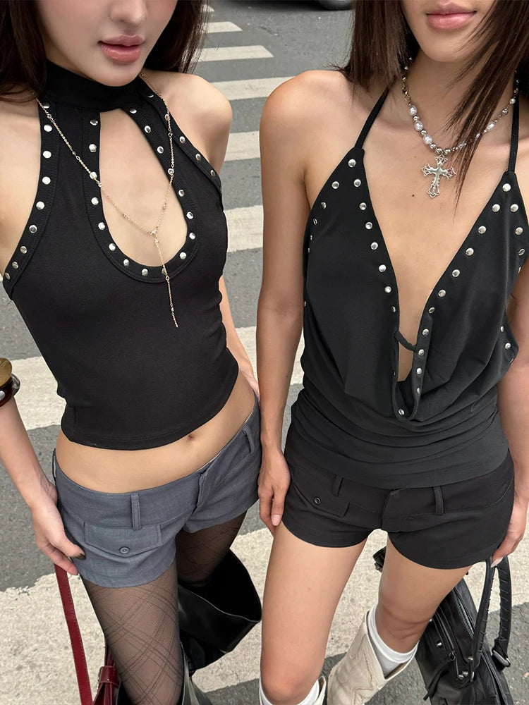 Midnight Tank Tops Women Backless V-neck Sexy Trend Rivet Swing Collar Halter Bandages Stretch Skinny Party  Streetwear