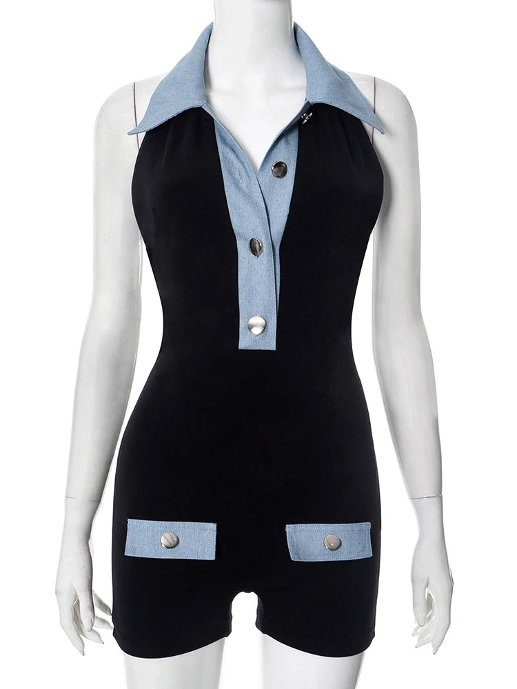 Denim Patchwork Rompers Women Halter Button Polo-Neck Backless Sleeveless Vacation Fashion Trend Skinny Playsuits