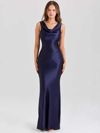 Satin Backless Draped Sexy Maxi Dress Women Fashion Cowl Neck Sleeveless High Waist Club Party Long Dress Female New
