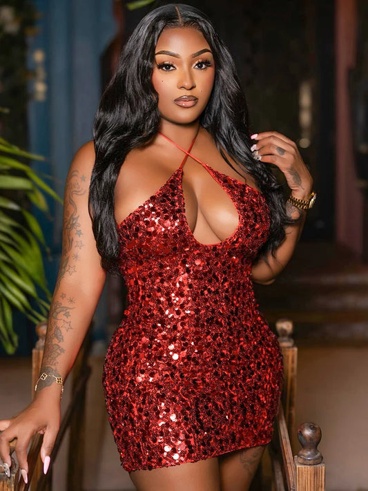 Sequins Halter Glitter Dress Women Y2K Sexy Low-Neck Sleeveless Bandage Coquette Midnight Party Club Skinny Bodycon