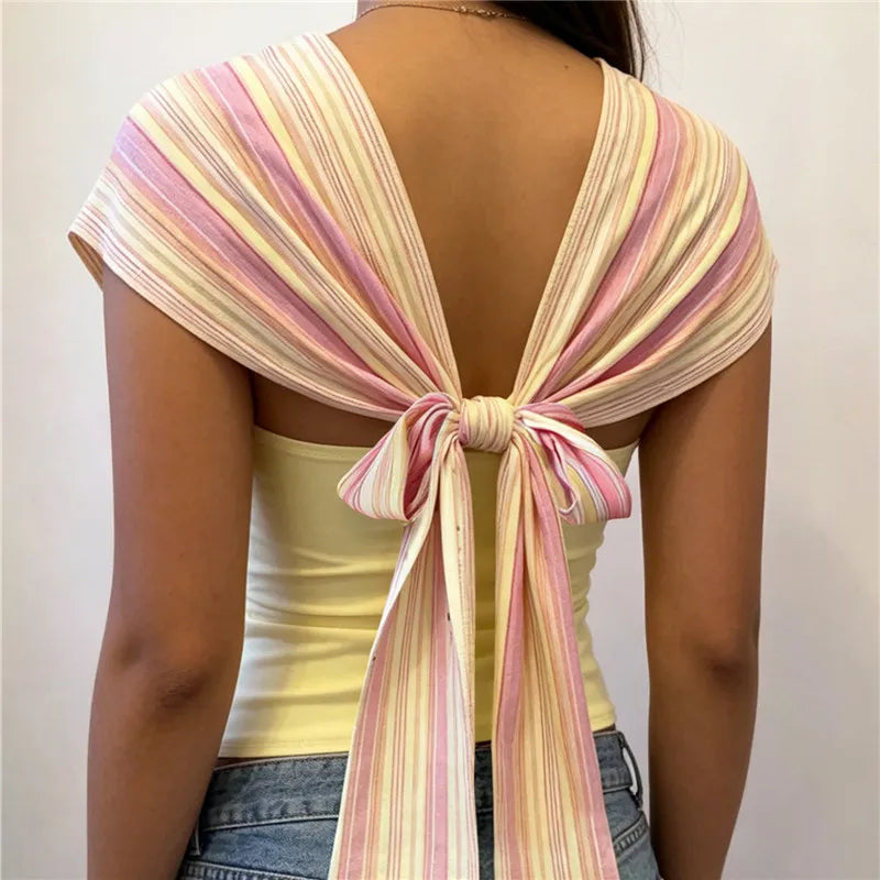 Summer Women Striped Polka Dot Print Crop Top Deep V Neck Short Sleeve Back Tie Bow Slim Fit T Shirt Y2K Streetwear