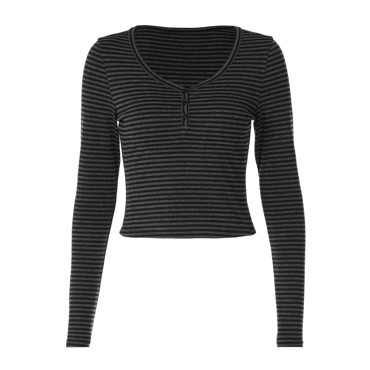 Dark Gray Striped Crop Tops Long Sleeve Fitted T Shirts Fashion 2026 Woman Fall Clothes