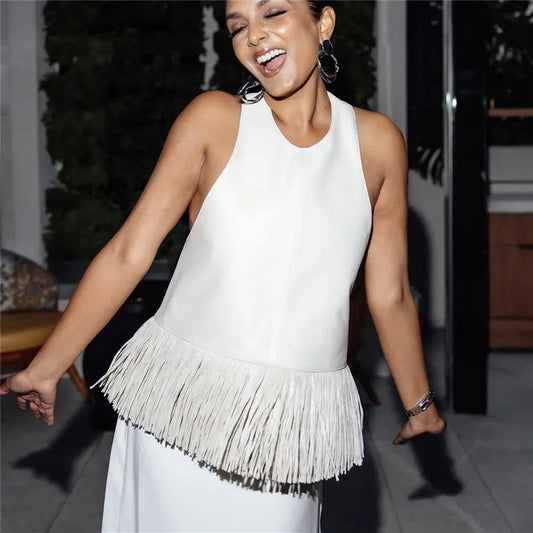 Elegant Women Faux Leather Fringe Halter Top Open Back Sleeveless Tassel Hem Luxury Evening Top for Cocktail Parties