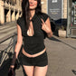 Hottie Hollow T-Shirt Women Sexy Simple Single-Breasted Mini Sleeve Ruched Stretch Fashion Party Street Crop Tees