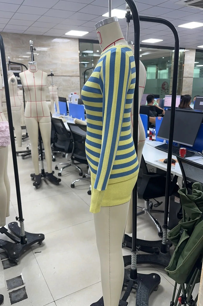 Women Two Piece Striped Shorts Set Y2K Vintage Sweater Pullover Autumn Crew Neck Slim-fit Long Sleeve Tops and Shorts