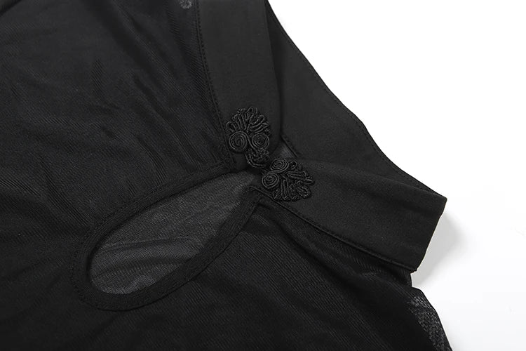 Sexy 2-Piece Set Women Stand Collar Patchwork See Through Hollow Frog Button Top+Elastic Waist Short Midnight Suits