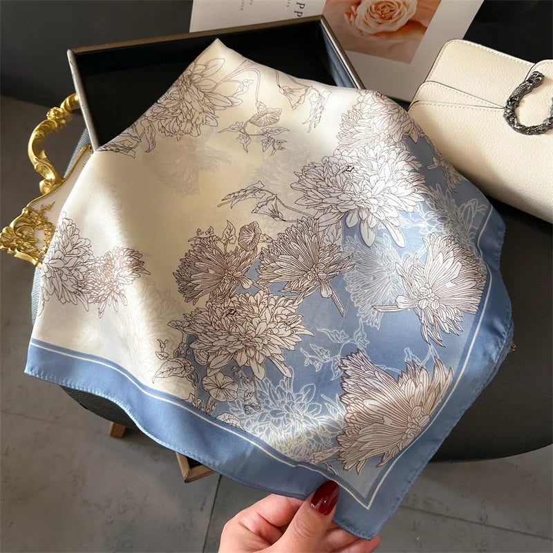Luxury Floral Print 70cm Square Silk Scarf Women Designer Scarves Bandana Foulard Shawl Hijab Echarpe Hairband Tie Ribbon