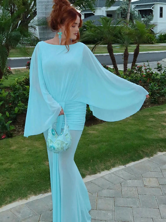 Batwing Sleeve Ruched Elegant Long Dress Woman Autumn Trend Sexy See Through o-Neck Backless Beach Style Chic Vestidos