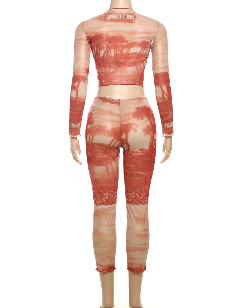 See Through Women 2 Piece Set Sexy Print Coquette Crop Tops+Leggings Stretch Tight Clubwear Matching Summer Outfits