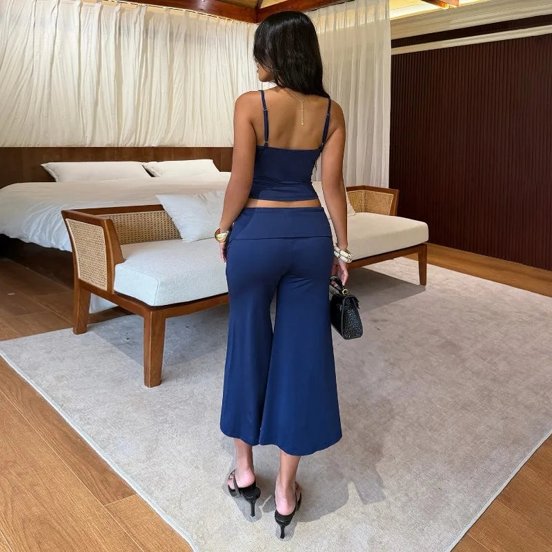 2 Piece Set Lace-trim Camisole Crop Top and Matching Low-rise Wide-leg Pants Lounge Wear Woman Summer Outfits