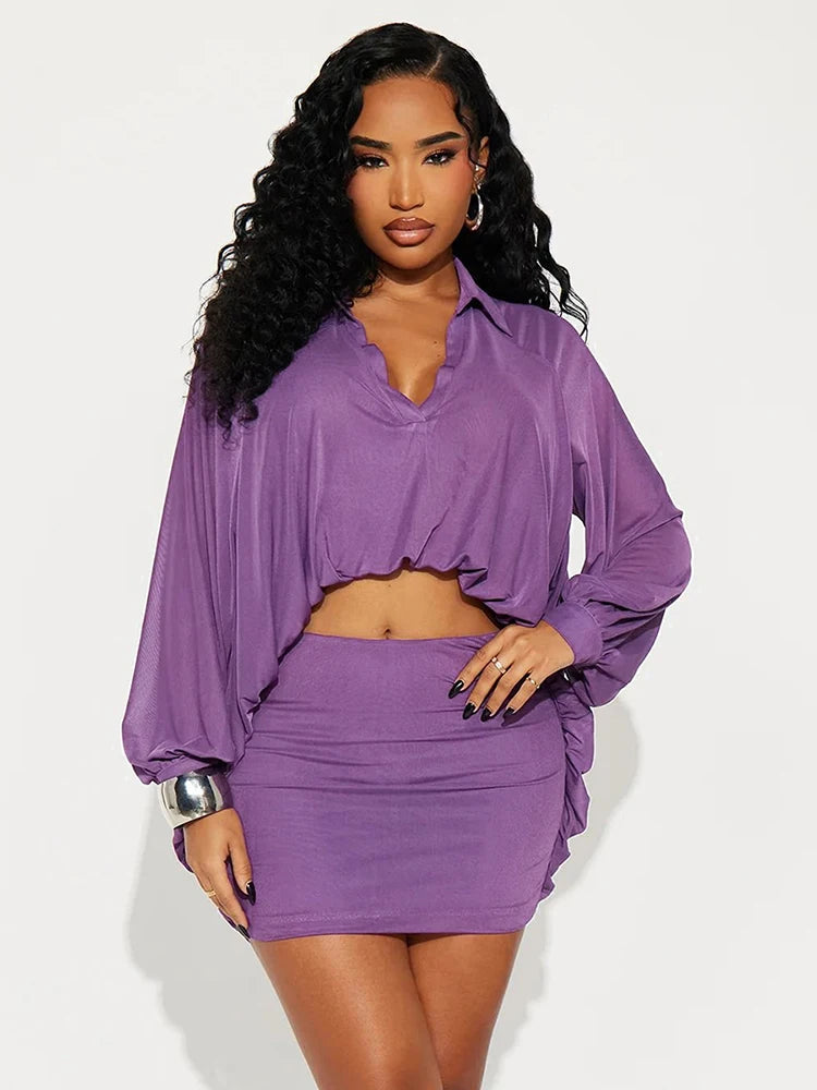 Simple Mesh 2-Piece Set Women Lapel Irregular Curling Edge V-Neck Shirt+Peach Hip Skirt Matching Casual Slim Outfits