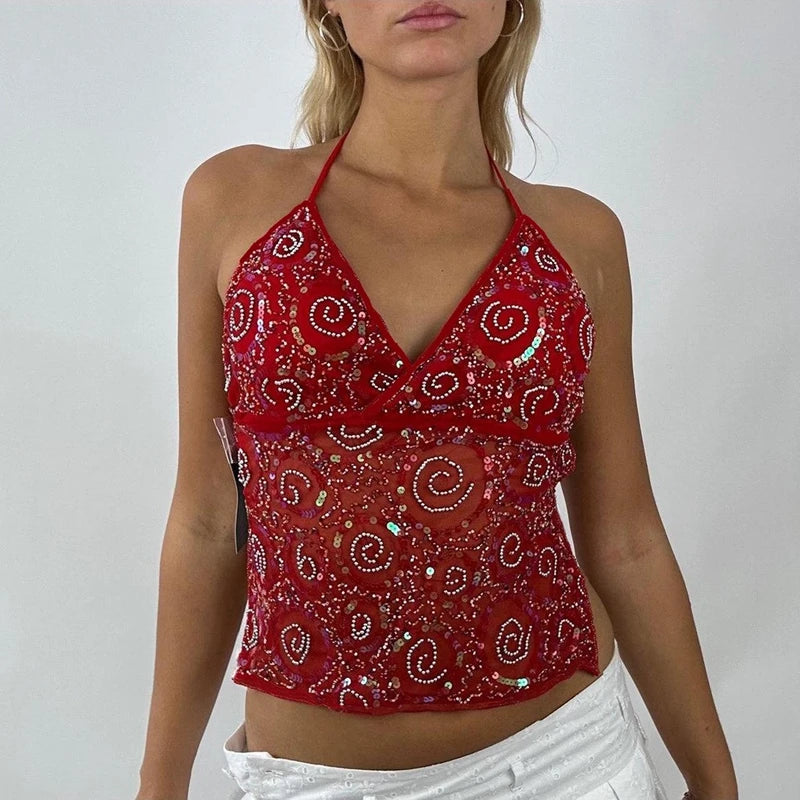 Women Y2K Sequin Cami Top Pearl Rhinestone Sleeveless Tank Top Sparkle Glitter Backless Crop Top Going Out Streetwear
