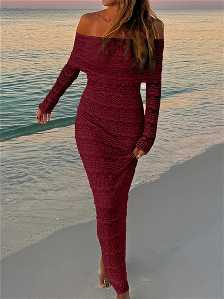 Sexy Through Maxi Dress Women Neck Backless Lapel Slash Full Sleeve See Vacation Beach Party Elegant Skinny Vestidos