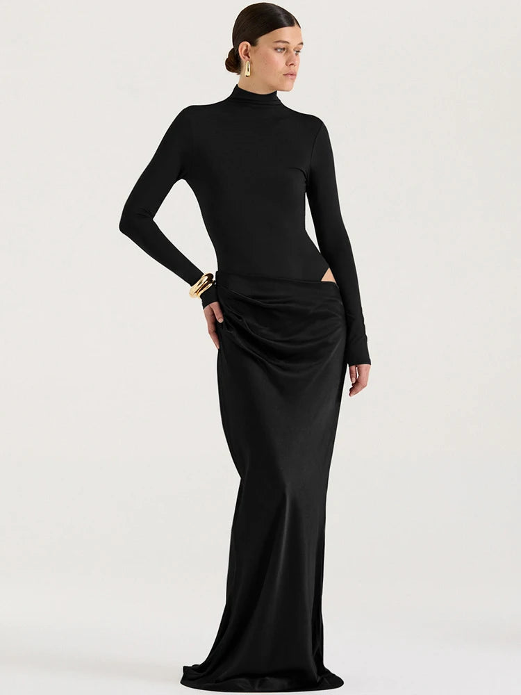 Autumn Long Sleeve Sexy Maxi Dress Women Fashion Hollow Out Turtleneck Ruched Bodycon Club Party Long Dresses Female