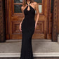 Black Halter Sexy Maxi Dress Women Elegant Gold Ring Off-shoulder Sleeveless Backless Bodycon Club Party Long Dresses