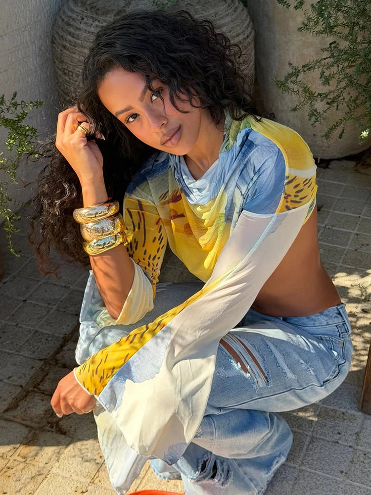 Backless Bandages T-Shirt Women Fashion Colorful PrintSee tThrough Puff Sleeve Sexy Hottie Street Party Crop Tess