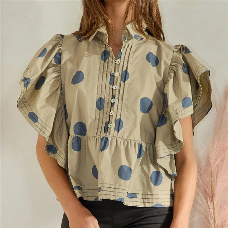 Loose Casual Short Sleeve Button up Shirts V-Neck Polka Dot Print Women's Shirt Korean Style Babydoll Blouse