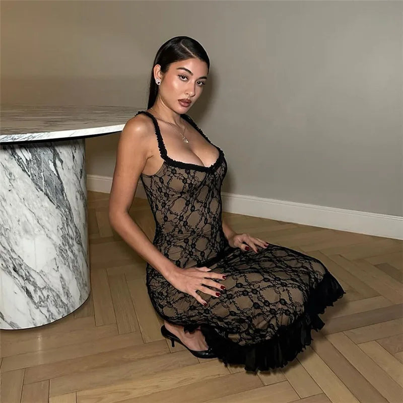 Floral Lace Black Sexy Dress for Woman Classy Spaghetti Strap Deep V Neck Bodycon Long Dresses French Style