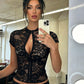 Metal single-breasted T-Shirt Women Sexy Jacquard See Through Turtleneck Short Sleeve Wild Chic Trend Street Clubwear