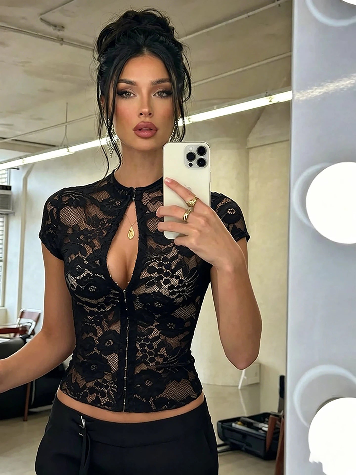 Metal single-breasted T-Shirt Women Sexy Jacquard See Through Turtleneck Short Sleeve Wild Chic Trend Street Clubwear