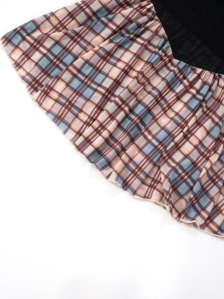 Mesh Patchwork Strapless Dress Women Plaid Print Off Shoulder Backless Hottie Street Fashion Wild Style Mini Bodycon