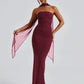 Strapless Backless Sexy Maxi Dress For Women Burgundy Mesh Sleeve Off-shoulder Bodycon Club Party Evening Long Dress
