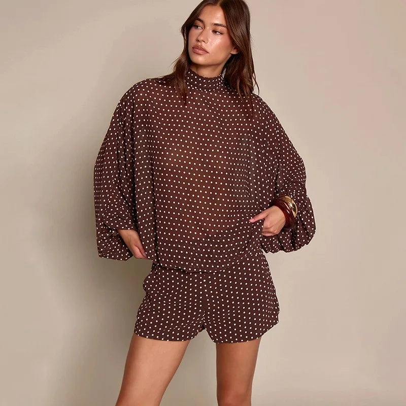 2 Piece Set White Chiffon Polka Dot Oversized Blouse and Shorts Co-ord Sets Elegant 2026 Fall Outfits Woman