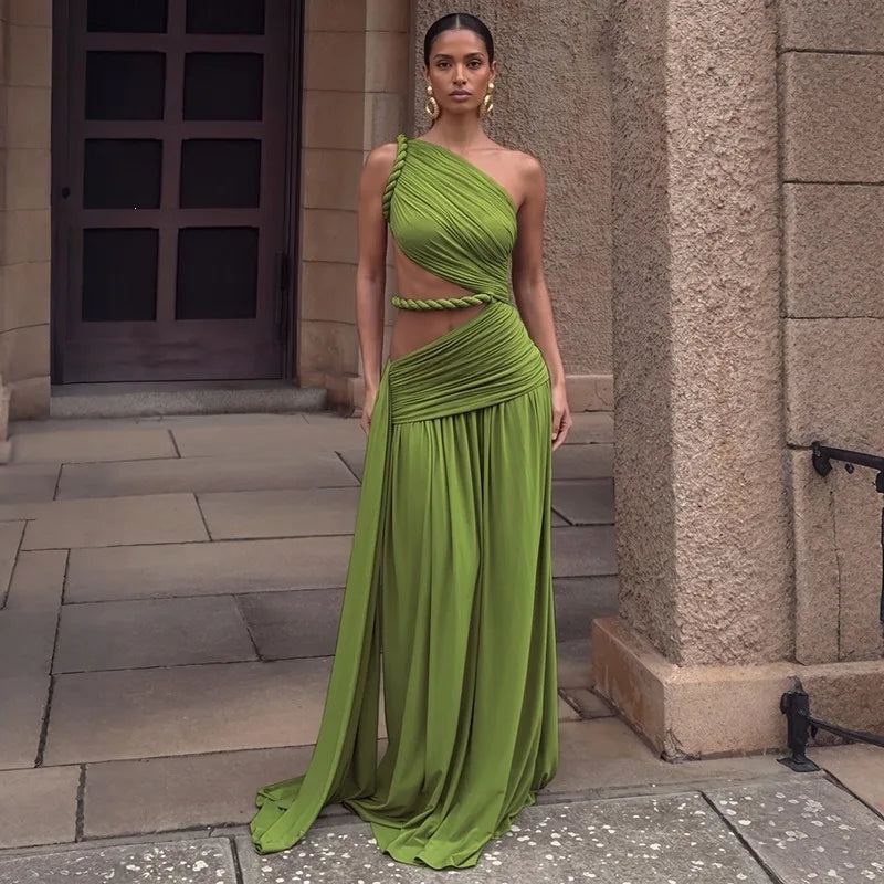 Asymmetric Cut Out One Shoulder Maxi Dress Women Clothing Elegant Sexy Party Dresses Green Burgundy