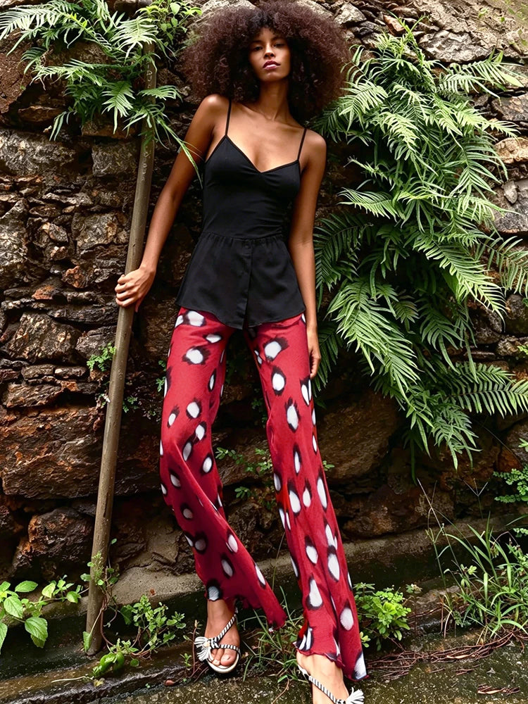 Autumn High Street Print Pants Women Casuals Simple Elastic Waist Fashion Midnight Clubwear Daily Chic Wide-Leg Bottoms