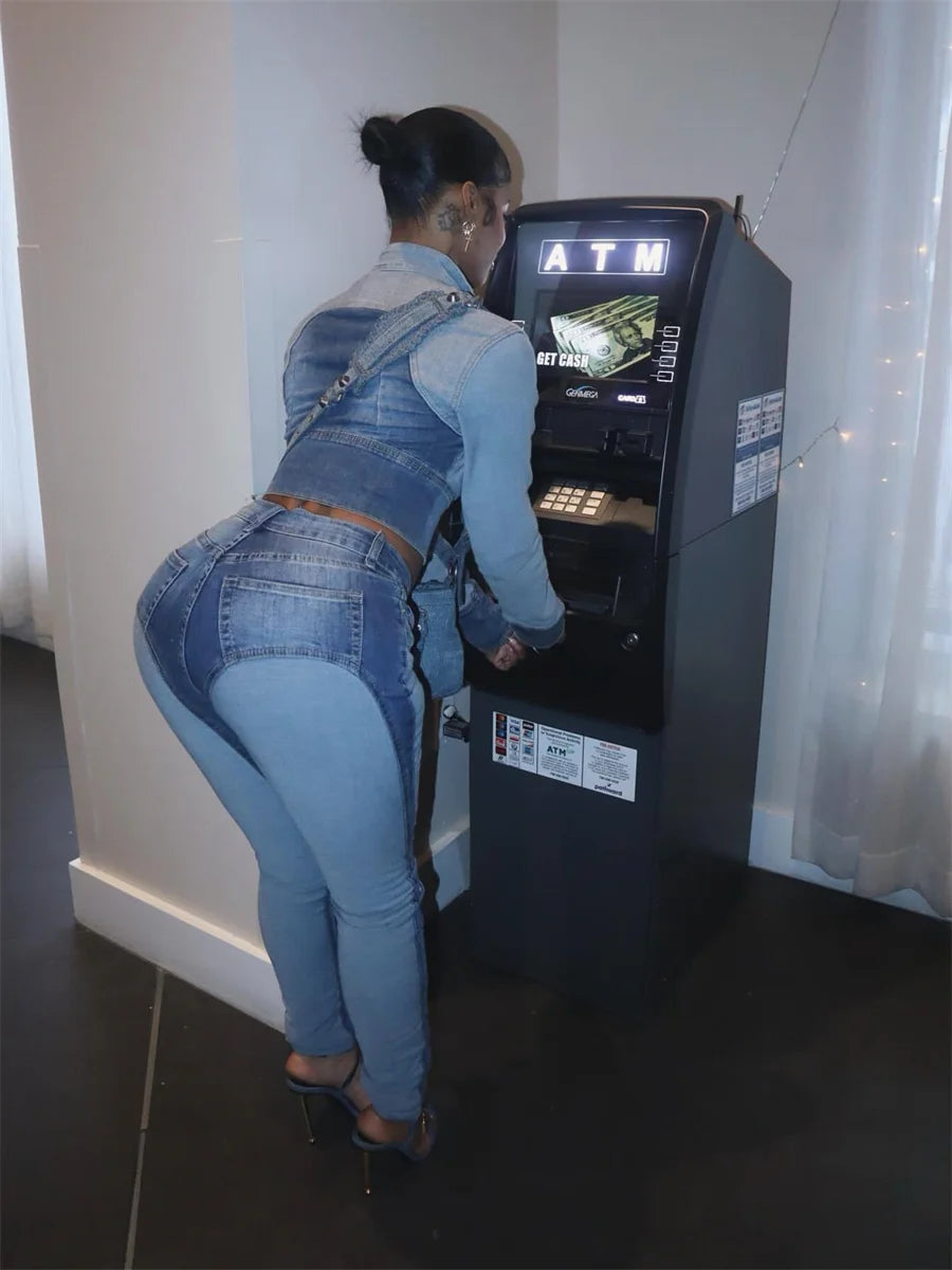 Casuals Denim 2 Piece Set Women Tracksuit Button Patchwork Full Sleeve Zip Crop Coat+Skinny Pants Autumn Trend Streetwear