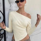 Inclined Shoulder Long Sleeve Sexy T-shirt Women Autumn Fashion Solid Skew Collar Backless Ruched Club Party T-shirts