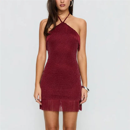 Sparkly Glitter Halter Bodycon Mini Dress Women Tassel Fringe Hem Back Self Tie Sleeveless Backless Night Out Club Dress