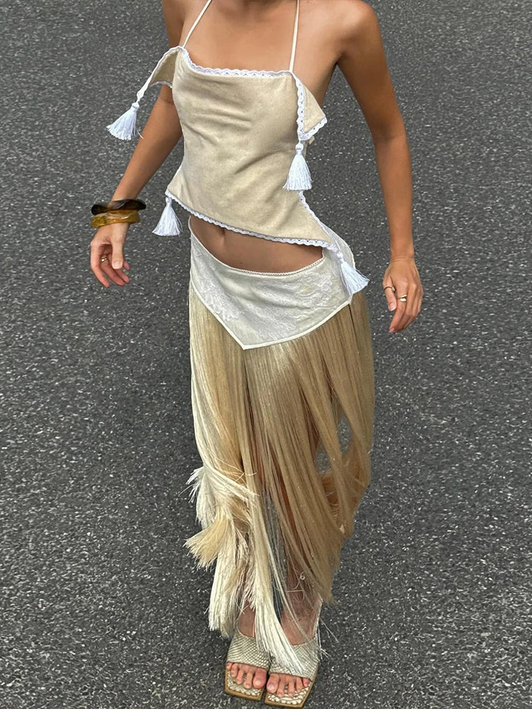 Prom Party Tassel 2 Piece Set Women Irregular Halter Backless Bandages Tank Top+Patchwork Skirt New Trend Sexy Streetwear
