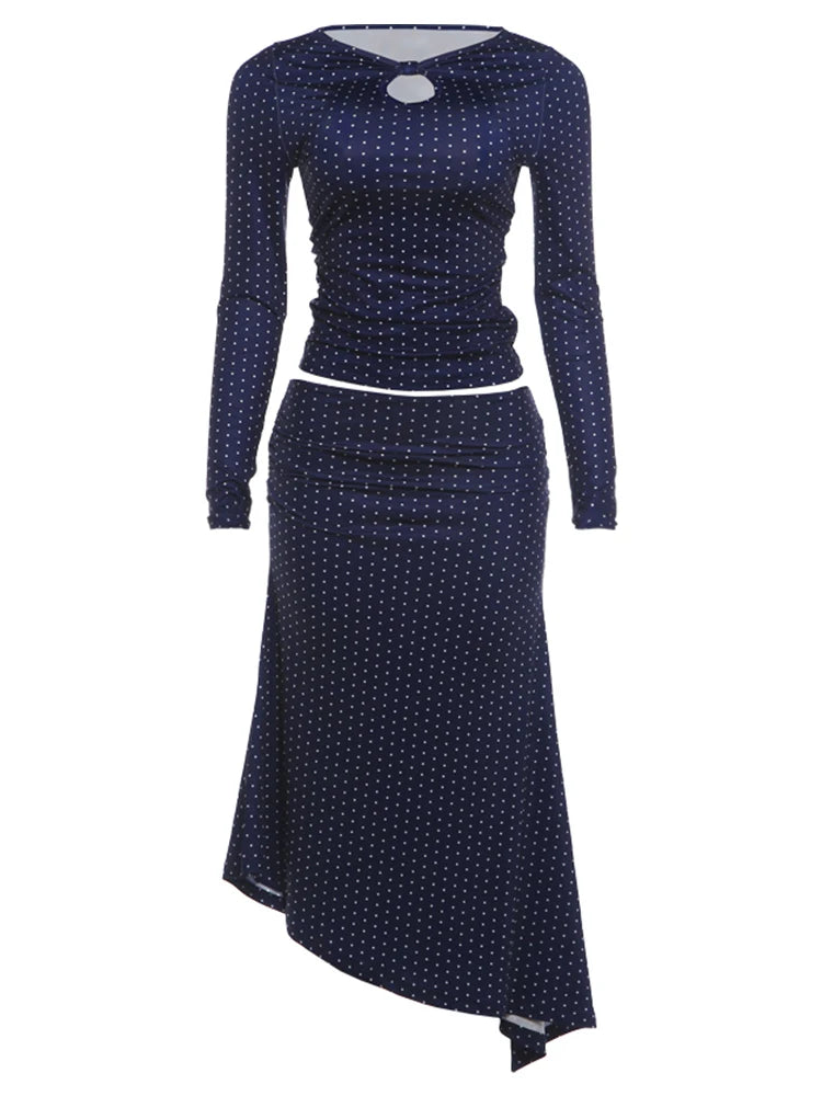 Casual Elegant 2 Piece Set Woman Polka Dot Print o-Neck Hollow Full Sleeve T-Shirts+Elastic Waist Long Skirts Suits