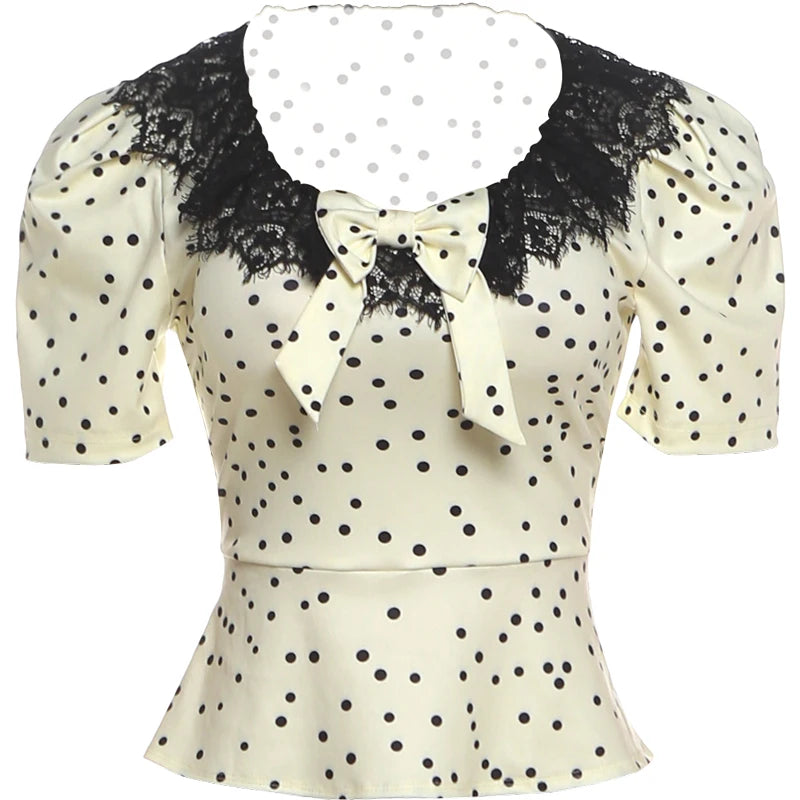 Daily Tank Top Women Sweet Lace Patchwork Trend Bow Applique Polka Dot Print Short Sleeve Patchwork Chic Party Club Tess